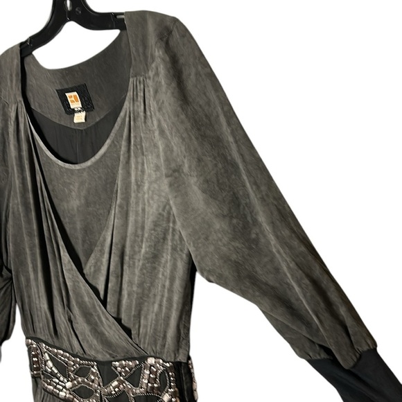 Vtg BOSS ORANGE goth metallic,mesh,chains,faux wrap,surplice,dress,flaw pinhole - Picture 4 of 16